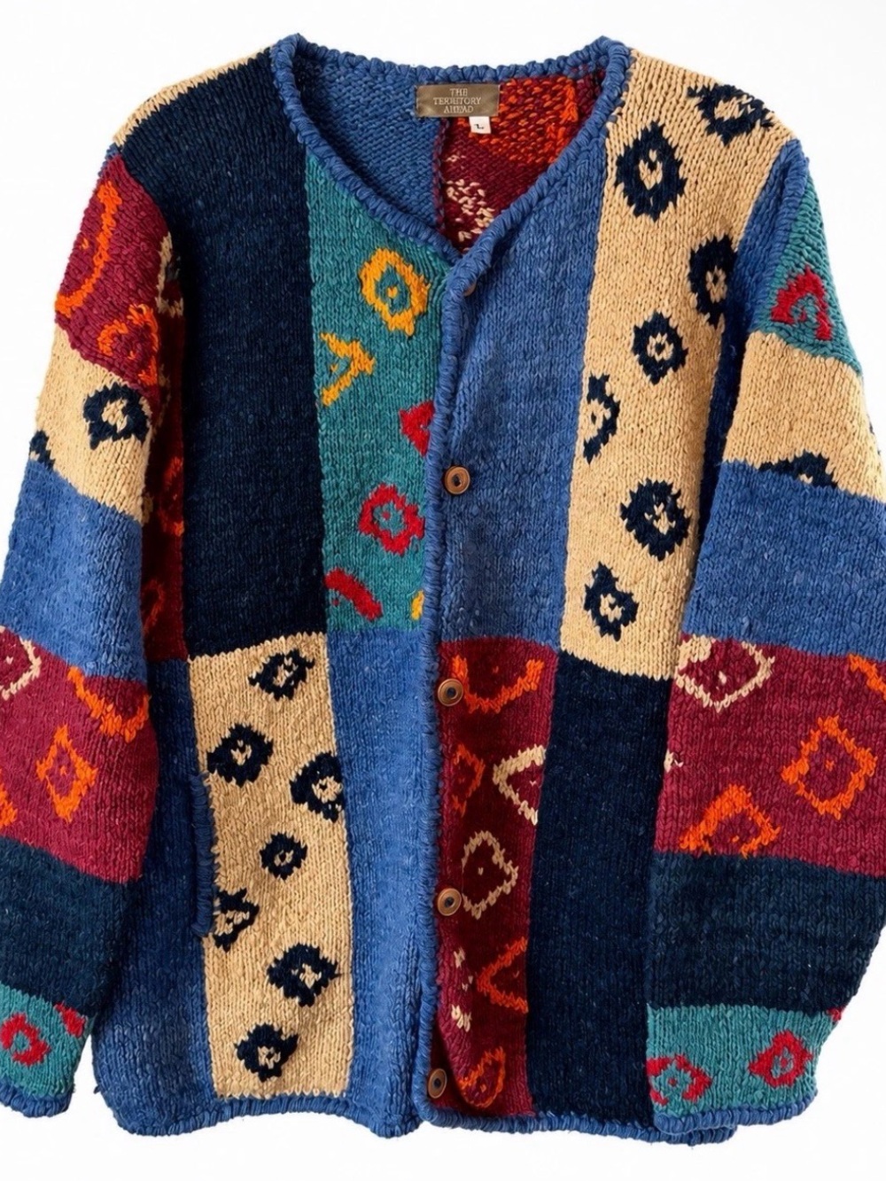 Vintage The Territory Ahead Hand Knit Patchwork Cardigan Sweater Large